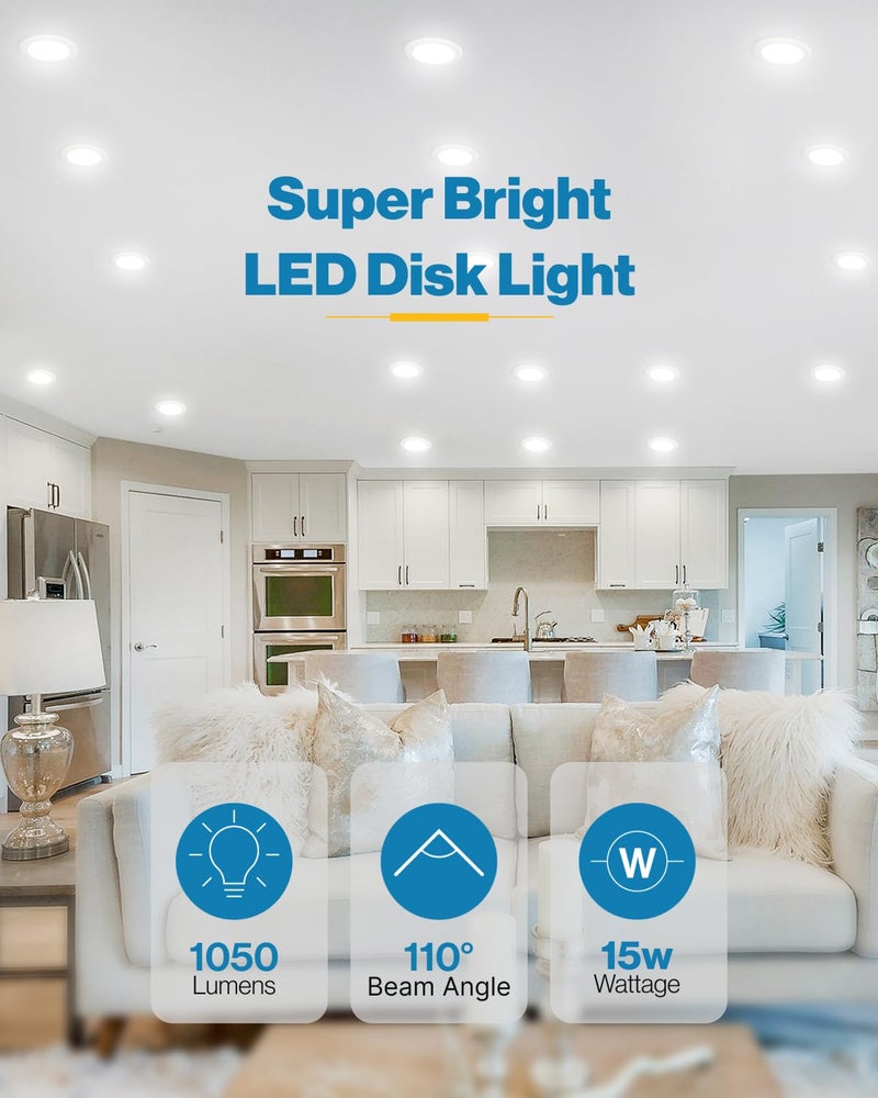 Sunco Lighting Sunco 6 Pack LED Disc Lights Ceiling 6 Inch, Flush Mount Disk Light, Recessed Can Lighting, 1050 LM, 15W (75W Equivalent), 4000K Cool White, Dimmable, Damp Rated ETL. - Image 2